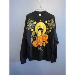 Vintage India Ink Hand Painted Women's Halloween Crew Neck Sweater OS Black Cats